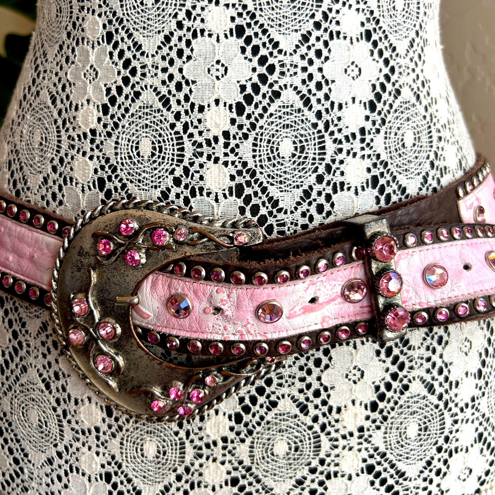 Brown leather and pink rhinestone belt